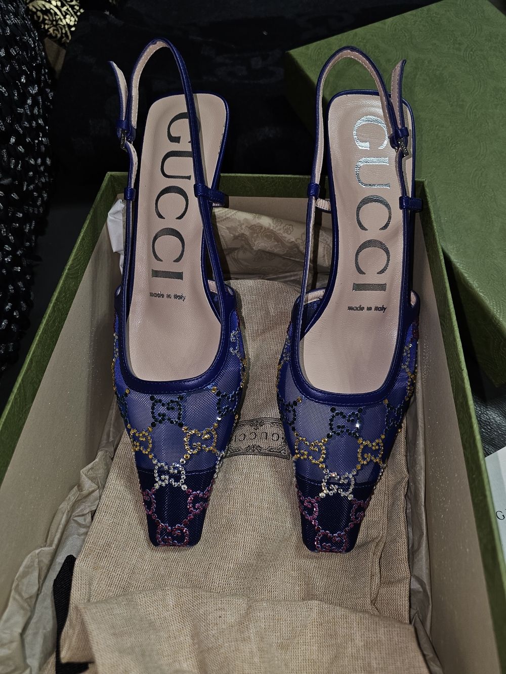 Gucci Blue Embroidered Crystal Gg Slingback Pumps 36.5